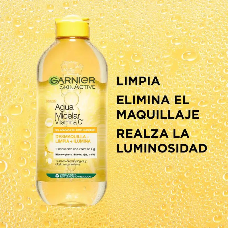 L'eau micellaire Garnier Vitamine C nettoie, démaquille et éclaircit la peau terne. Formule hypoallergénique - 400 ml