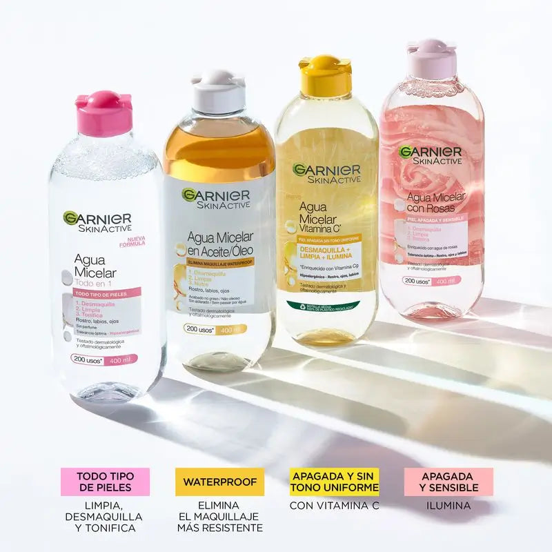 L'eau micellaire Garnier Vitamine C nettoie, démaquille et éclaircit la peau terne. Formule hypoallergénique - 400 ml