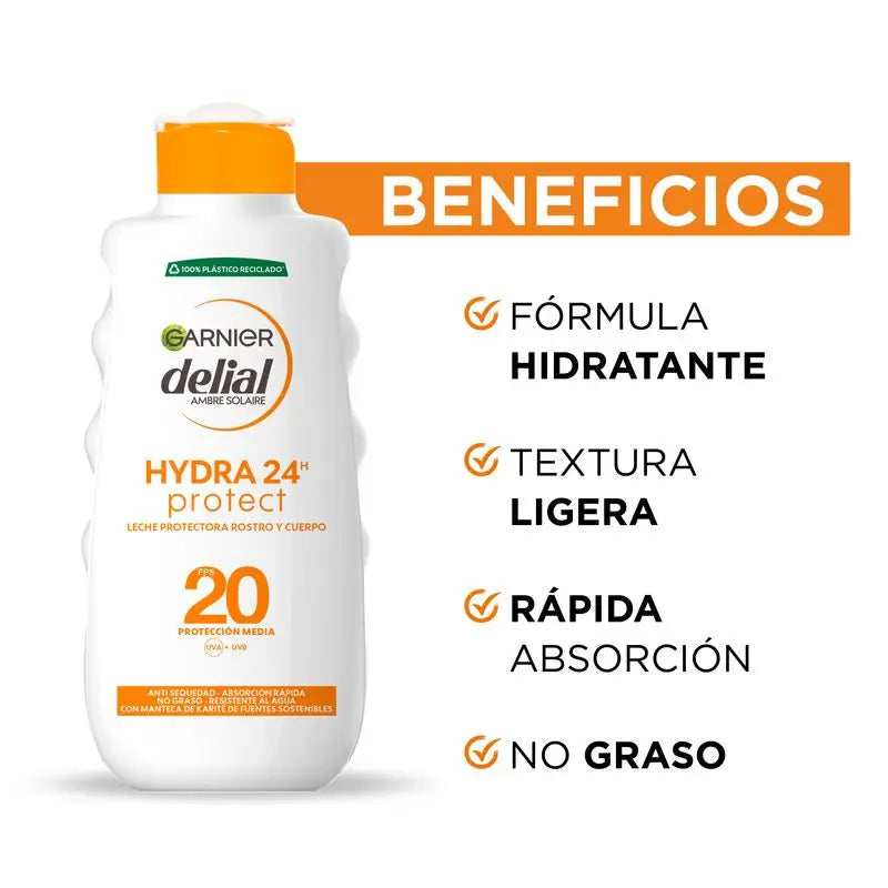 Garnier Delial Hydra 24H Protect Lait Protecteur Visage et Corps Spf 20, Peau Douce et Hydratée 200Ml