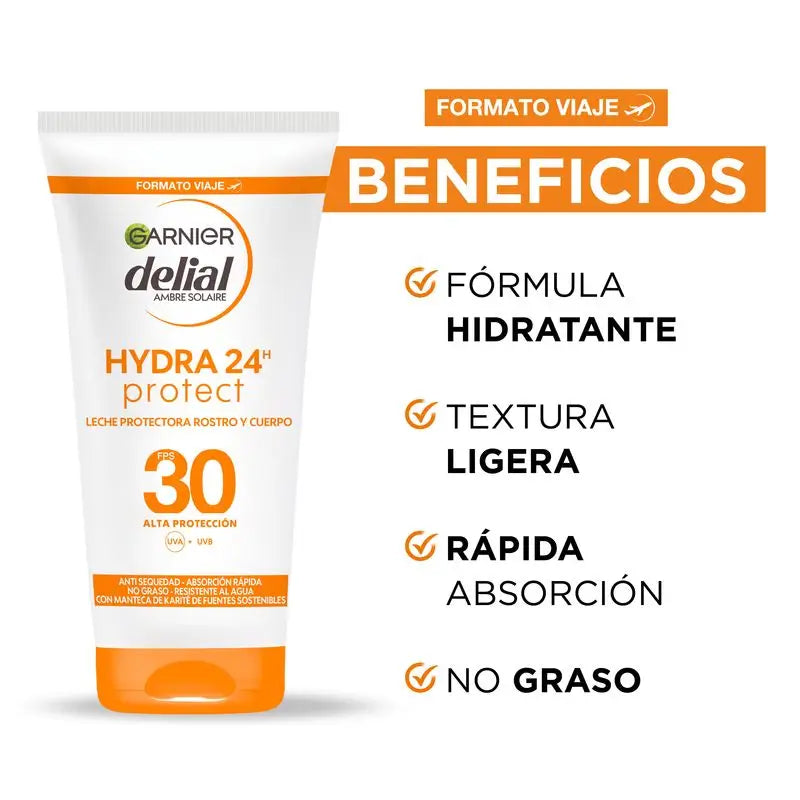 Garnier Delial Lait Protecteur Spf 30 Hydra 24 Protect, formule résistante à l'eau et hydratante au beurre de karité