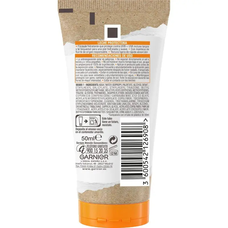 Garnier Delial Lait protecteur Spf 50+ Hydra 24 Protect, formule résistante à l'eau et hydratante au beurre de karité
