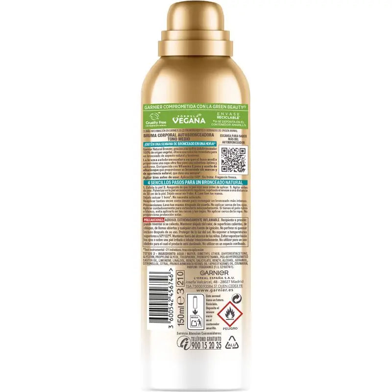 Garnier Delial Natural Bronzer Brume autobronzante pour le corps à l'huile de noyaux d'abricot pour un bronzage naturel, 150Ml