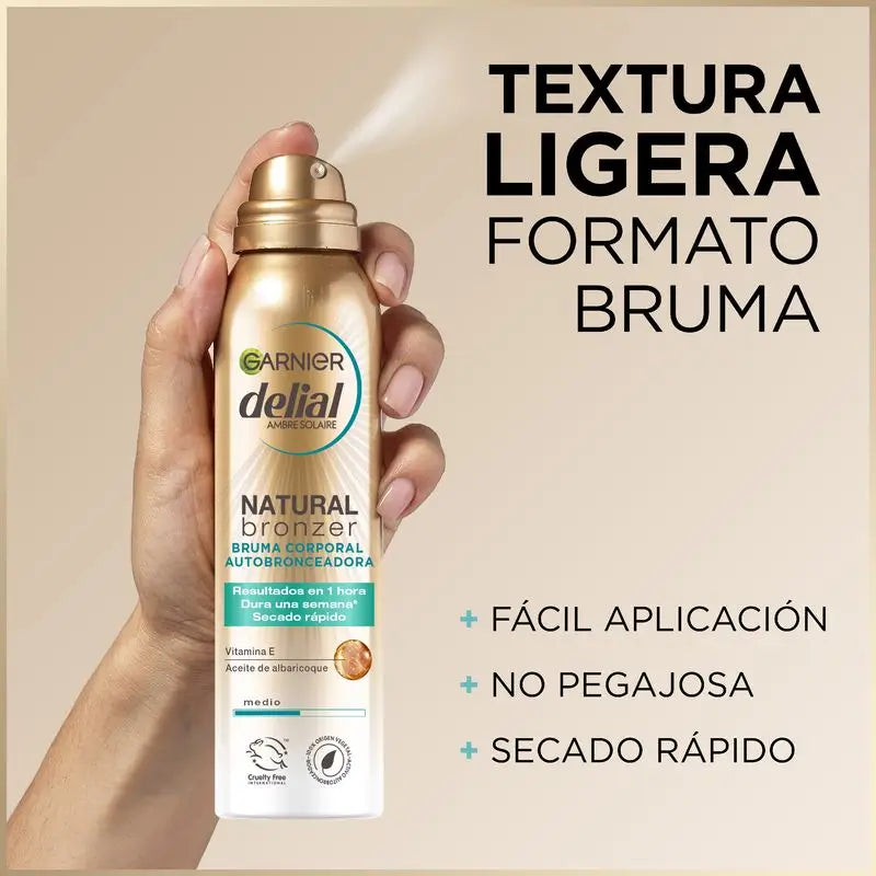 Garnier Delial Natural Bronzer Brume autobronzante pour le corps à l'huile de noyaux d'abricot pour un bronzage naturel, 150Ml
