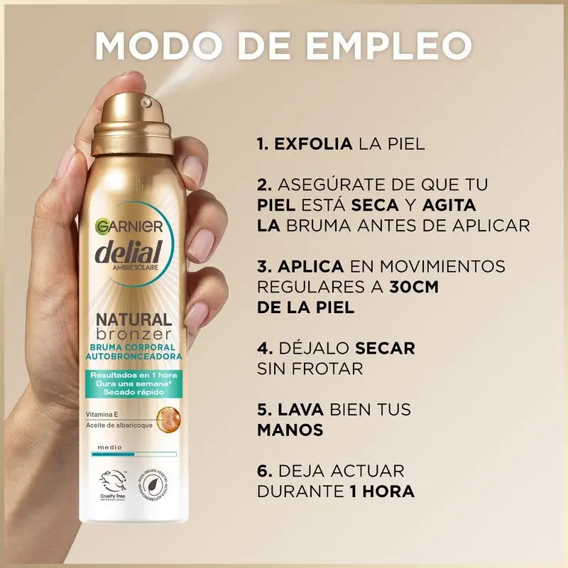 Garnier Delial Natural Bronzer Brume autobronzante pour le corps à l'huile de noyaux d'abricot pour un bronzage naturel, 150Ml