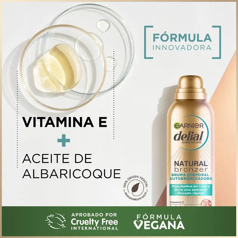 Garnier Delial Natural Bronzer Brume autobronzante pour le corps à l'huile de noyaux d'abricot pour un bronzage naturel, 150Ml