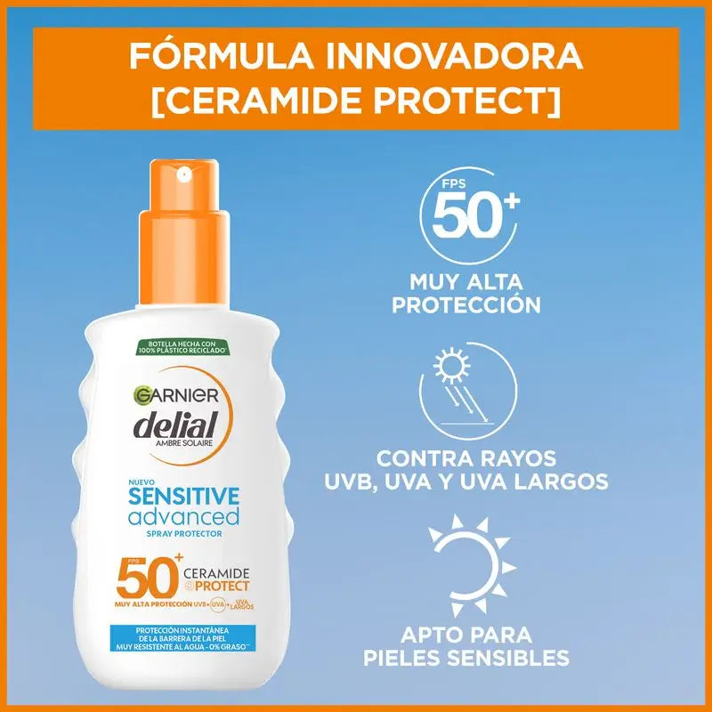 Garnier Delial Sensitive Advanced Ip50+ Pour les peaux claires, sensibles et intolérantes au soleil. Résistant à l'eau, 150 ml