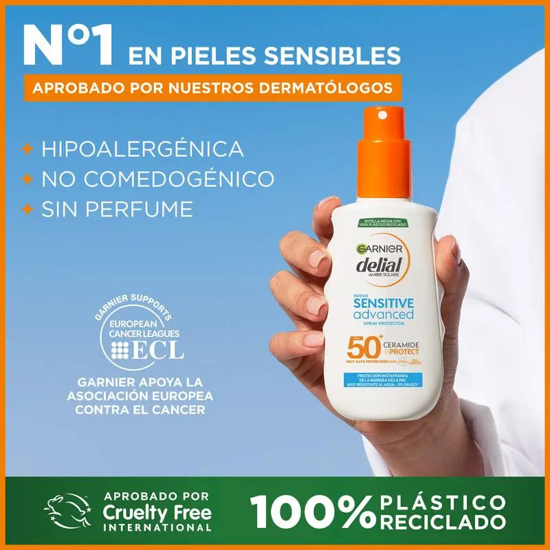 Garnier Delial Sensitive Advanced Ip50+ Pour les peaux claires, sensibles et intolérantes au soleil. Résistant à l'eau, 150 ml