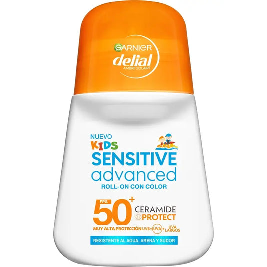 Garnier Delial Delial Sensitive Advanced Kids Roll-On Avec Colour Fps 50+, 50 ml