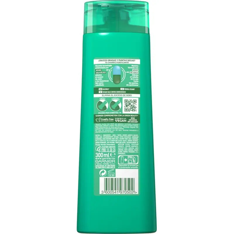 Garnier Fructis Shampooing Pure Fresh à l'eau de coco pour les racines normales et grasses et les pointes sèches 300 ml