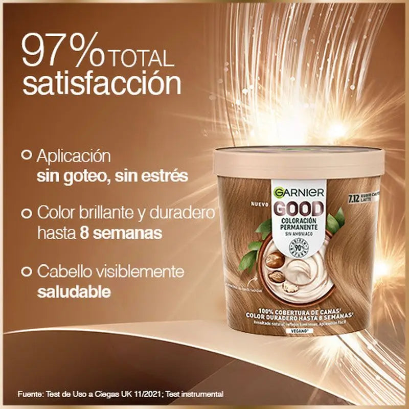 Garnier Good Coloration permanente sans ammoniaque, 90% d'origine naturelle Teinte 7.12 Café Latte Blonde.