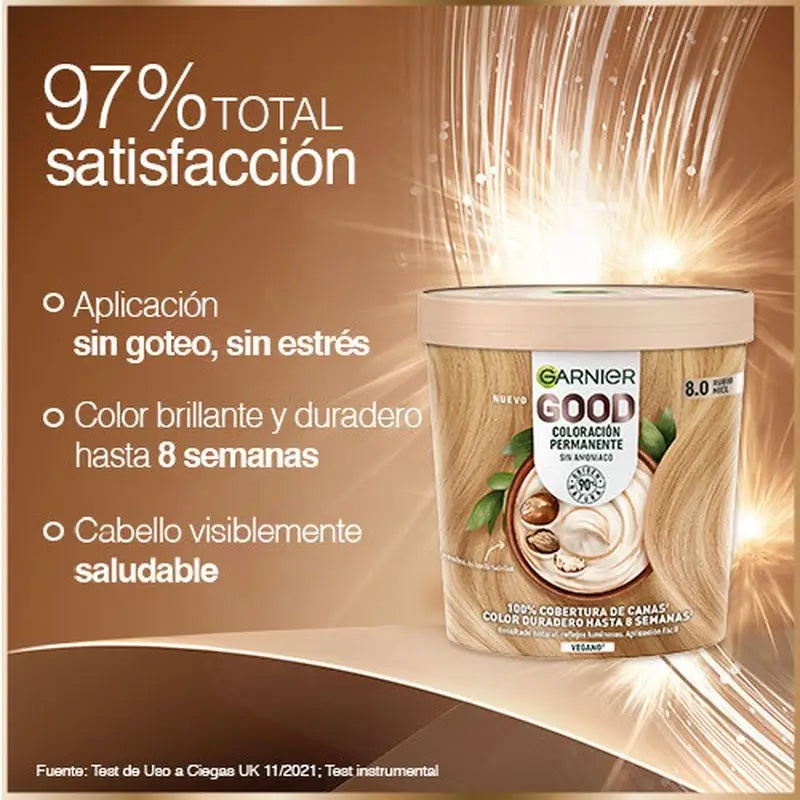 Garnier Good Permanent Colouring Sans ammoniaque, 90% d'origine naturelle Teinte 8.0 Honey Blonde.