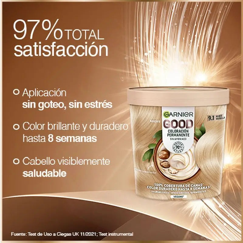 Garnier Good Coloration Permanente Sans ammoniaque, 90% d'origine naturelle Teinte 9.1 Blond Vanille.