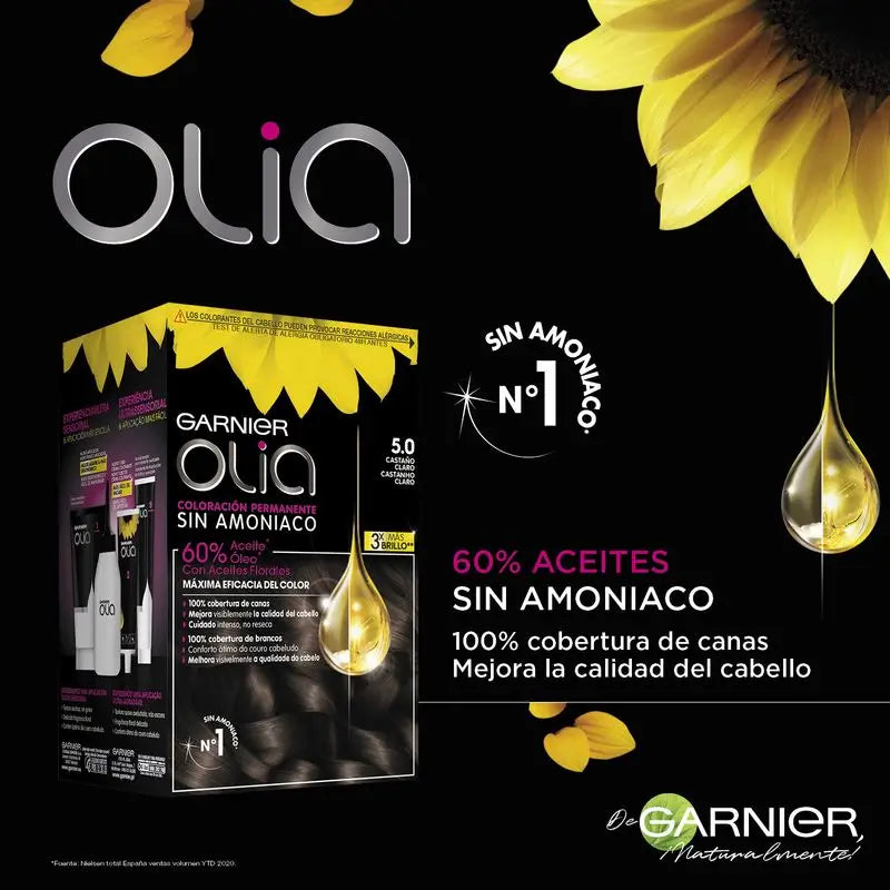 Garnier Olia Coloration Permanente Sans Ammoniaque, Odeur Agréable Avec Huiles Florales Naturelles - Marron Clair 5.0