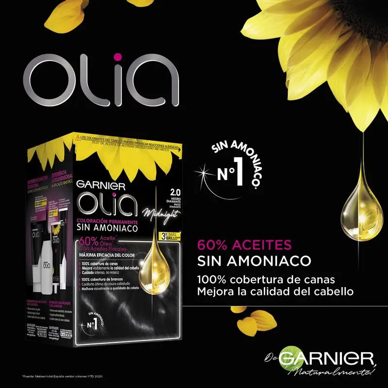 Garnier Olia Coloration Permanente Sans Ammoniaque, Odeur Agréable Avec Huiles Florales Naturelles - Diamond Black 2.0