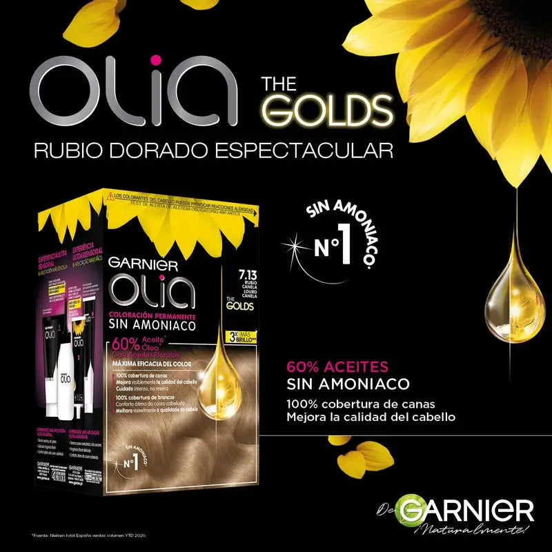 Garnier Olia Coloration Permanente Sans Ammoniaque, Odeur Agréable Avec Huiles Florales Naturelles - Blond Cannelle 7.13