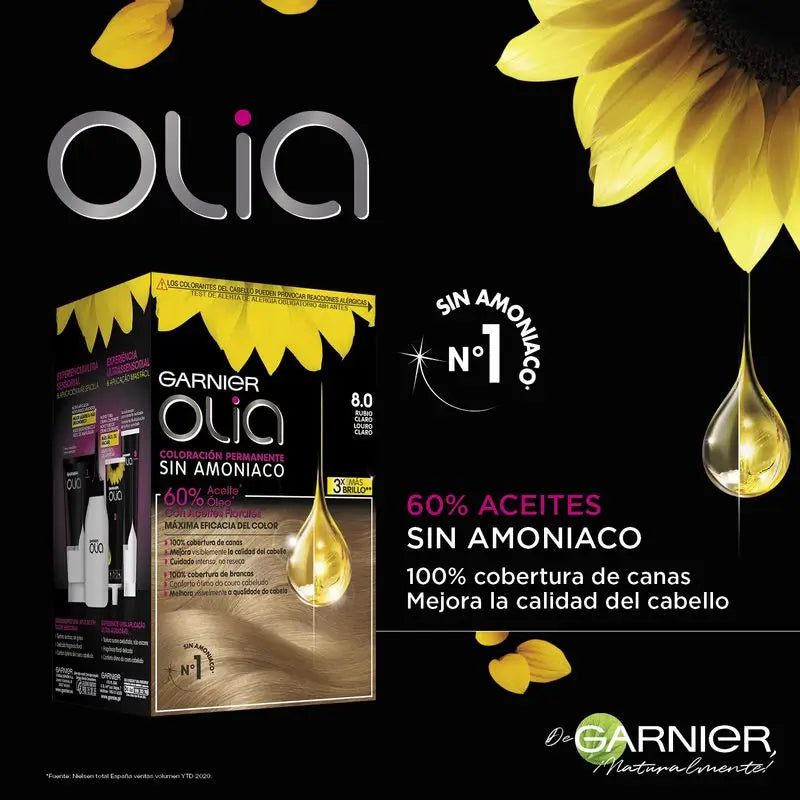 Garnier Olia Coloration permanente sans ammoniaque pour une odeur agréable avec des huiles florales naturelles - Blond clair 8.0