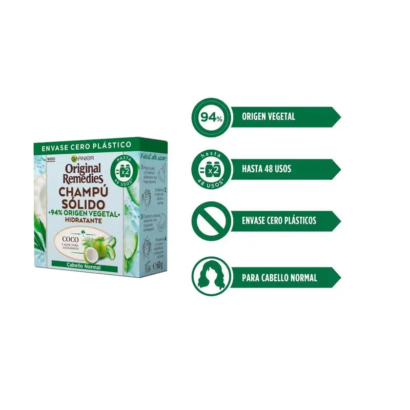 Garnier Original Remedies Solid Shampooing - Coconut & Aloe Vera Organic Pour cheveux normaux, racines grasses