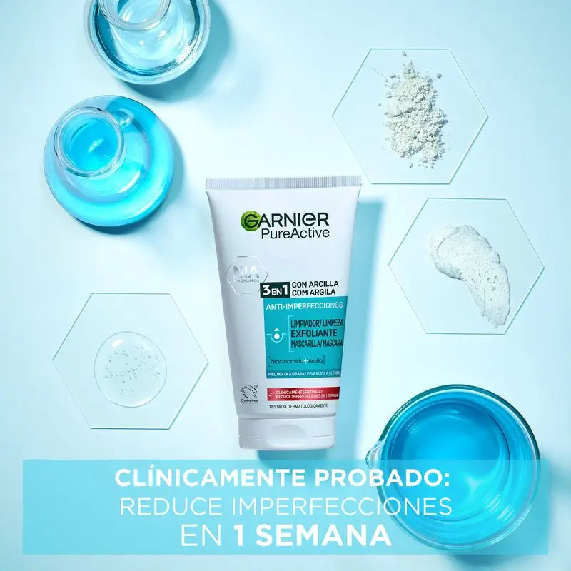 Garnier Pure Active 3 In 1 Gel Avec Argile Anti-Imperfection - 150 Ml