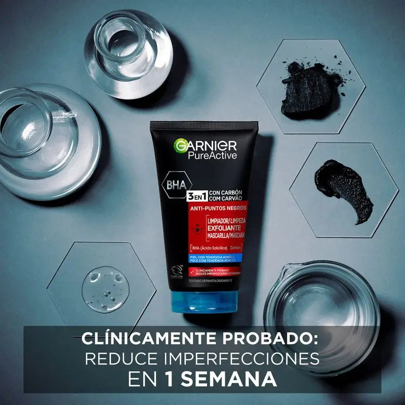 Garnier Pure Active 3 In 1 Gel Avec Charbon Anti-Points Noirs - 150 Ml