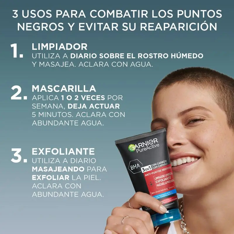 Garnier Pure Active 3 In 1 Gel Avec Charbon Anti-Points Noirs - 150 Ml