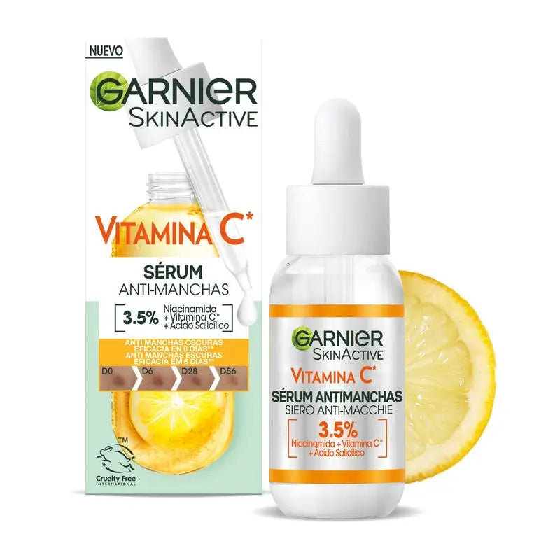 Sérum anti-taches Garnier avec vitamine C, niacinamide et acide salicylique. Réduit 43% des taches brunes.