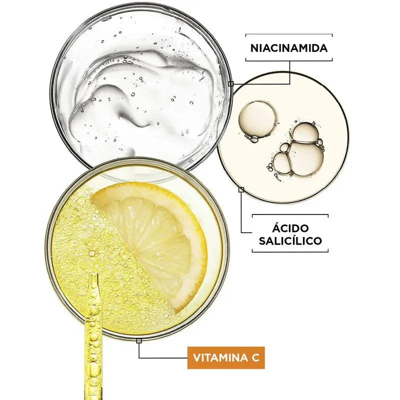 Sérum anti-taches Garnier avec vitamine C, niacinamide et acide salicylique. Réduit 43% des taches brunes.