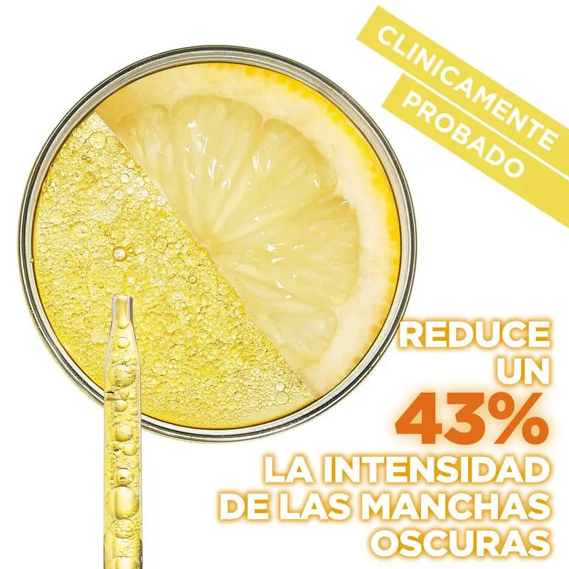 Sérum anti-taches Garnier avec vitamine C, niacinamide et acide salicylique. Réduit 43% des taches brunes.