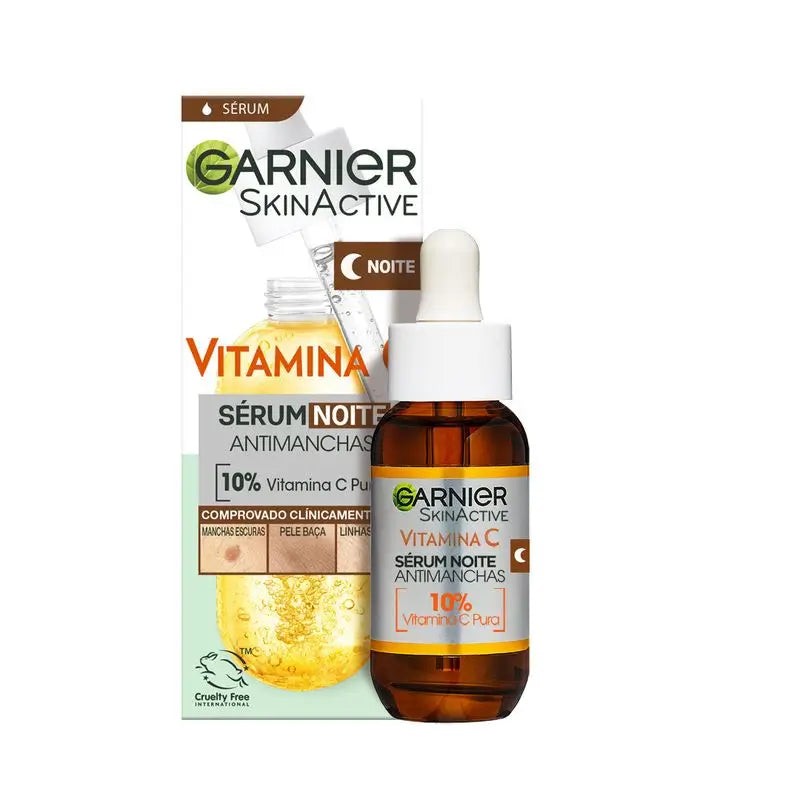 Sérum de nuit anti-imperfections Garnier avec 10% de vitamine C. Résultats sur les taches, la peau terne et les ridules.