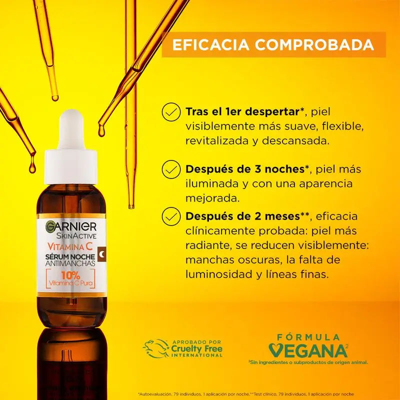 Sérum de nuit anti-imperfections Garnier avec 10% de vitamine C. Résultats sur les taches, la peau terne et les ridules.