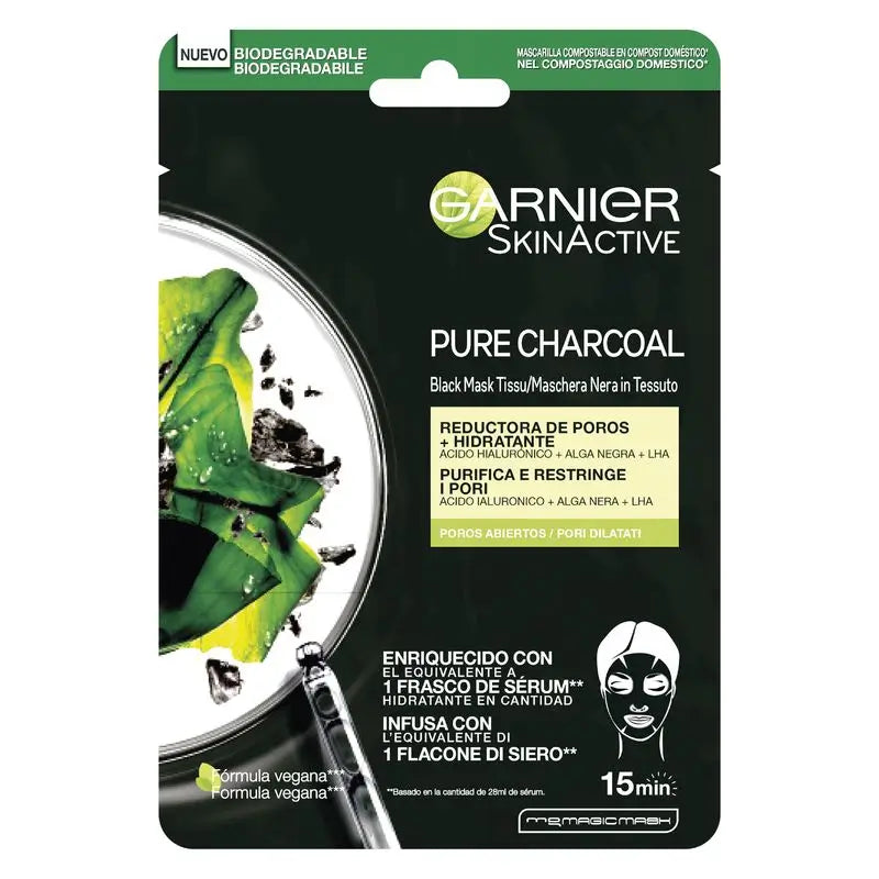 Garnier Skin Active Black Tissue Mask avec extrait d'algues noires et acide hyaluronique pour les peaux à pores dilatés