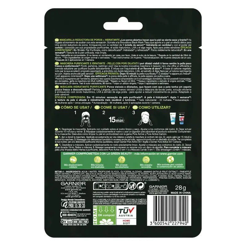 Garnier Skin Active Black Tissue Mask avec extrait d'algues noires et acide hyaluronique pour les peaux à pores dilatés