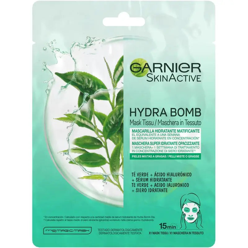 Garnier Skin Active Mask Tissu Hydra Bomb Masque tissu hydratant et matifiant à l'acide hyaluronique et au thé vert