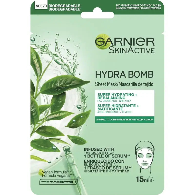 Garnier Skin Active Mask Tissu Hydra Bomb Masque tissu hydratant et matifiant à l'acide hyaluronique et au thé vert