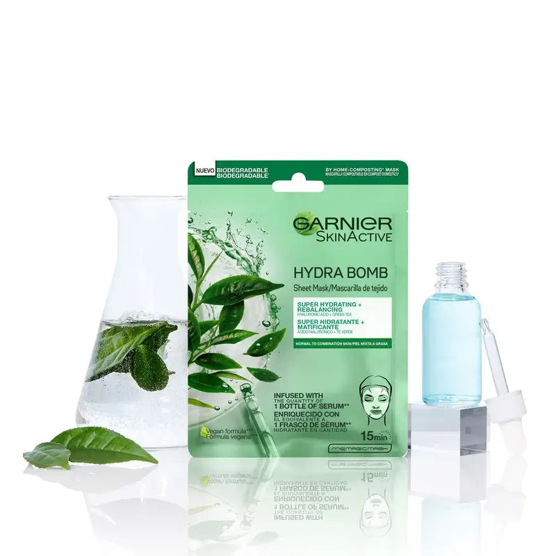 Garnier Skin Active Mask Tissu Hydra Bomb Masque tissu hydratant et matifiant à l'acide hyaluronique et au thé vert