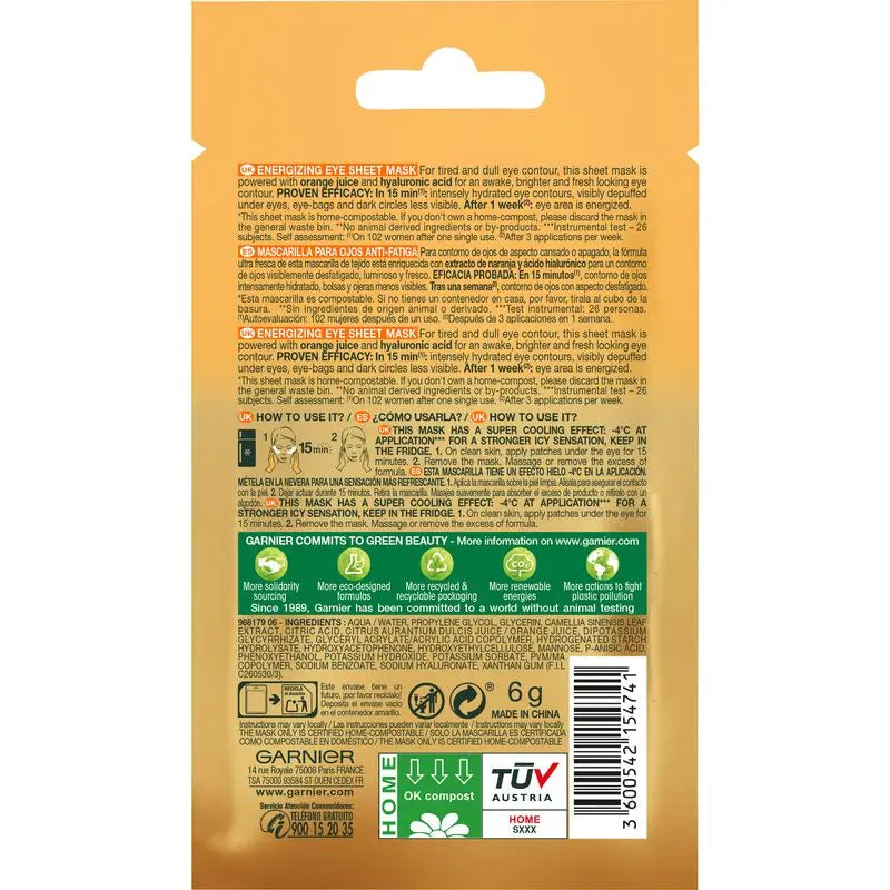 Garnier Skin Active Mask Tissue Eye Contour Anti-Fatigue & Anti-Cernes Avec Acide Hyaluronique et Extrait d'Orange