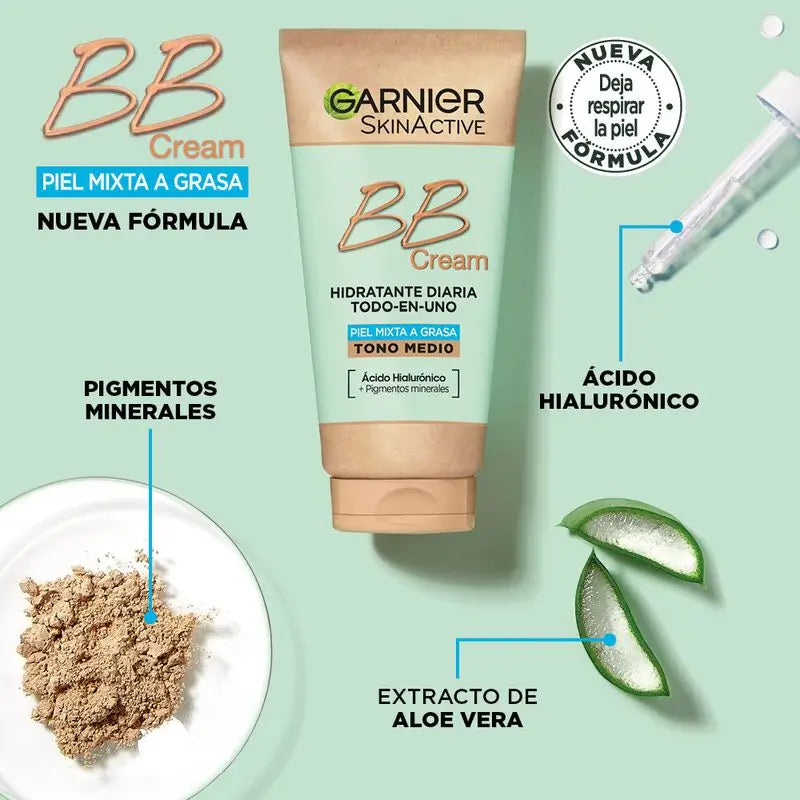 Garnier Skinactive Mattifying Bb Cream Pour Peau mixte à grasse de tonalité moyenne. Hydratant tout-en-un avec couleur Spf 25, 50 ml