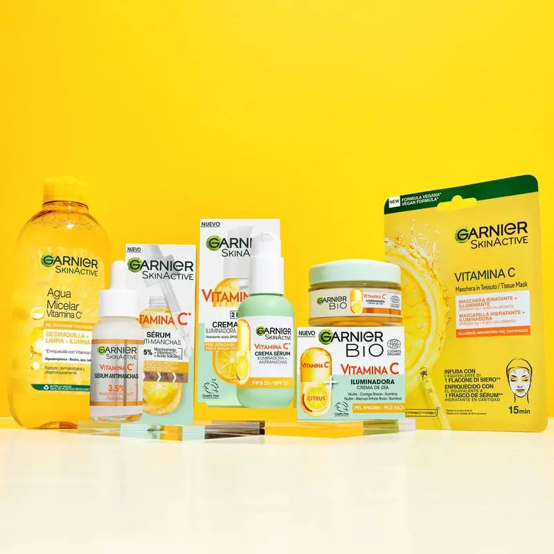 Masque facial Garnier Tissue avec vitamine C et acide hyaluronique. La peau est intensément hydratée et visiblement plus lumineuse et plus lisse.