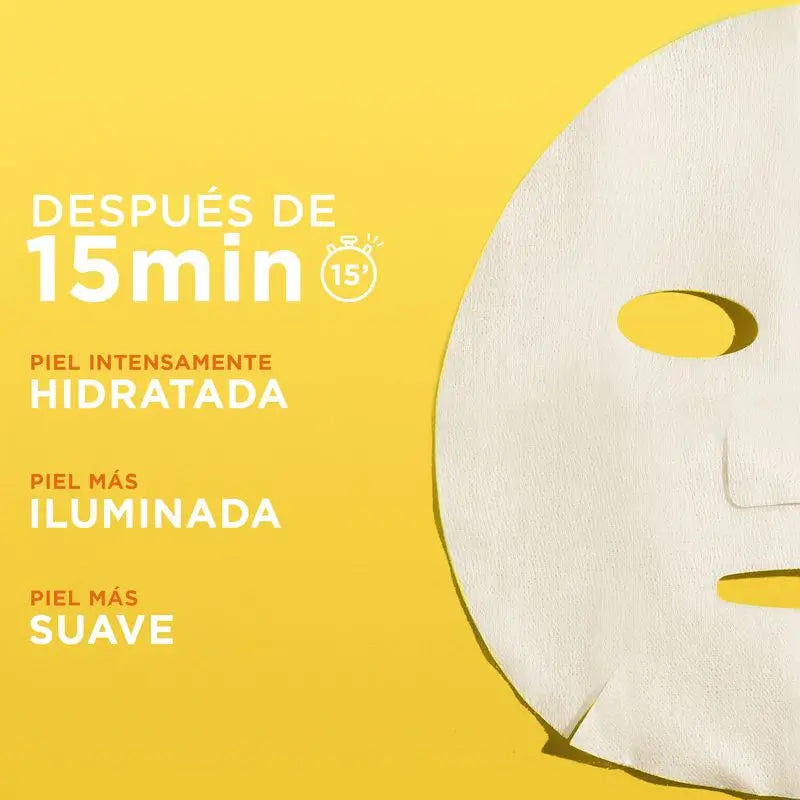 Masque facial Garnier Tissue avec vitamine C et acide hyaluronique. La peau est intensément hydratée et visiblement plus lumineuse et plus lisse.