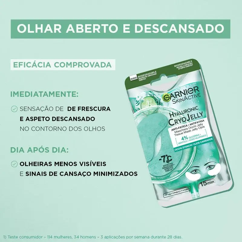 Garnier Tissue Mask Hyaluronic Cryo Jelly Anti-Fatigue Eye Contour Mask. 4% Glycérine + Menthol + Acide Hyaluronique.