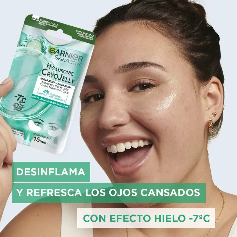 Garnier Tissue Mask Hyaluronic Cryo Jelly Anti-Fatigue Eye Contour Mask. 4% Glycérine + Menthol + Acide Hyaluronique.