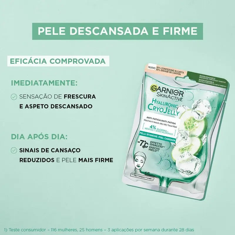 Garnier Tissue Mask Hyaluronic Cryo Jelly Anti-Fatigue Pour Peau Fatiguée. 4% Glycérine + Menthol + Acide Hyaluronique.