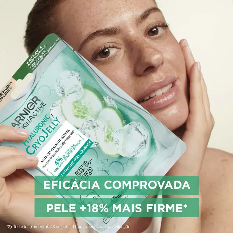 Garnier Tissue Mask Hyaluronic Cryo Jelly Anti-Fatigue Pour Peau Fatiguée. 4% Glycérine + Menthol + Acide Hyaluronique.