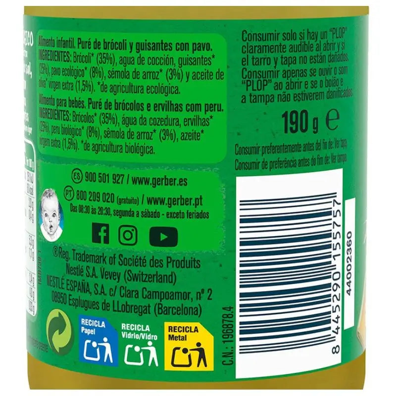 Gerber Organic Pots de brocoli, pois et dinde en bocaux, 190g