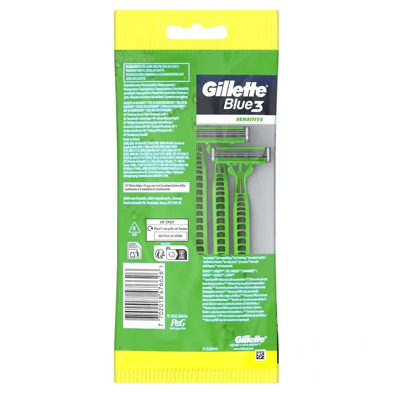 Gillette Blue3 Sensitive Rasoir jetable pour hommes, 5 pcs.