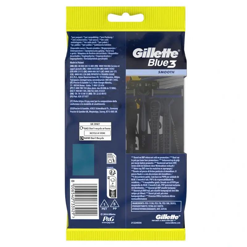 Gillette Blue3 Smooth 8+4 Rasoirs jetables pour hommes Tête pivotante 40° et bande lubrifiante, 12 pcs.