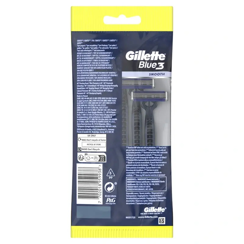 Gillette Blue3 Smooth Rasoirs jetables pour hommes, 5 pcs.