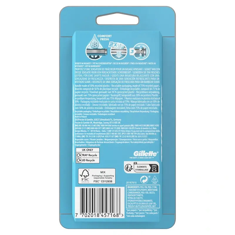 Gillette Sensor3 Cool Rasoirs jetables pour hommes Bande lubrifiante à l'eucalyptus, 8 pcs.