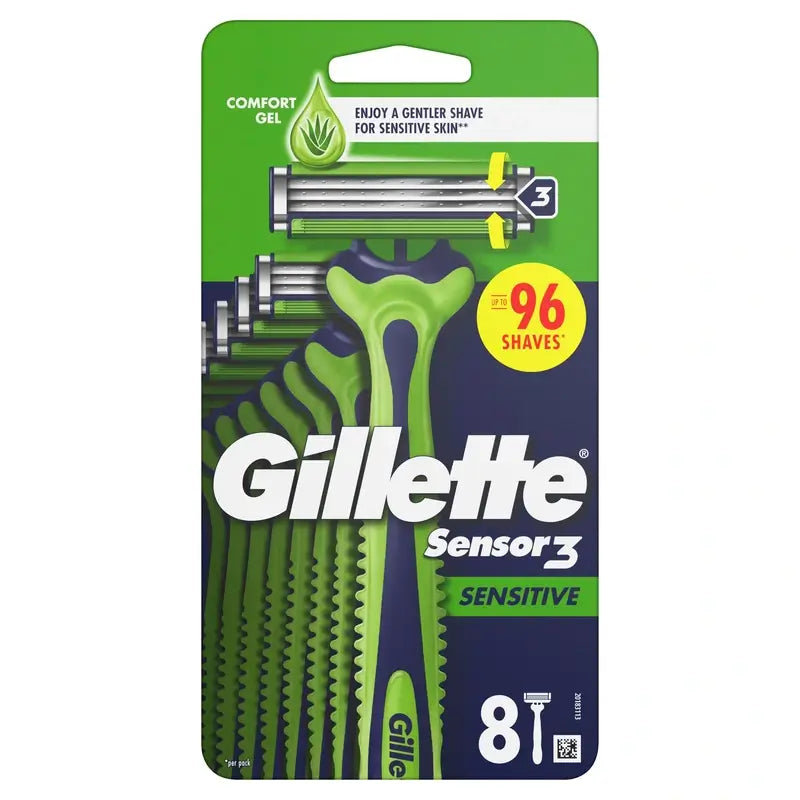 Gillette Sensor3 Sensitive Rasoirs de sûreté jetables pour hommes, bande lubrifiante, 8 pcs.