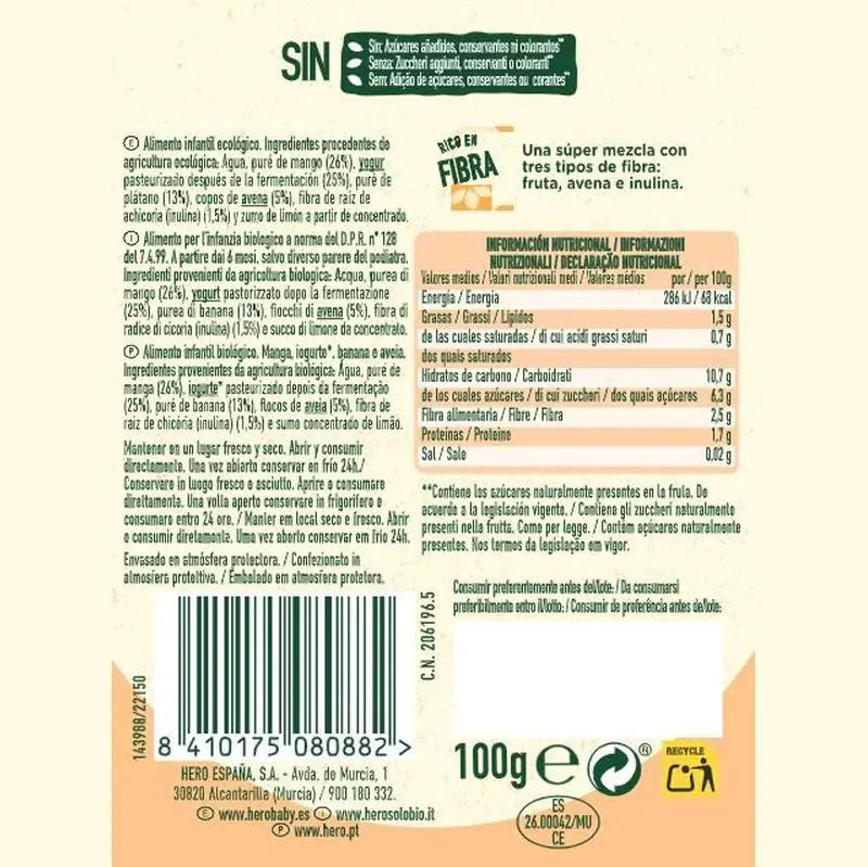 Hero Baby Solo Sachet Nutriflora Mangue, yaourt, banane et flocons d'avoine 100G