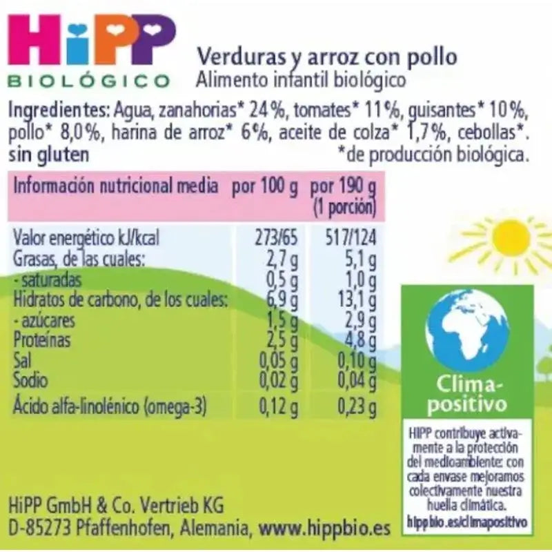 Hipp Bio Tarte aux légumes et au riz avec du poulet, 190 g